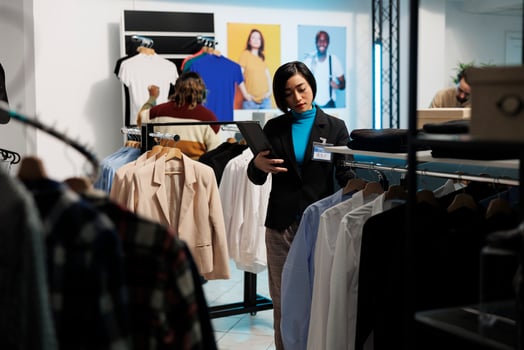 Clothing store asian woman manager checking apparel in stock while working in boutique room. Shopping mall assistant holding digital tablet and examining garment on racks photo