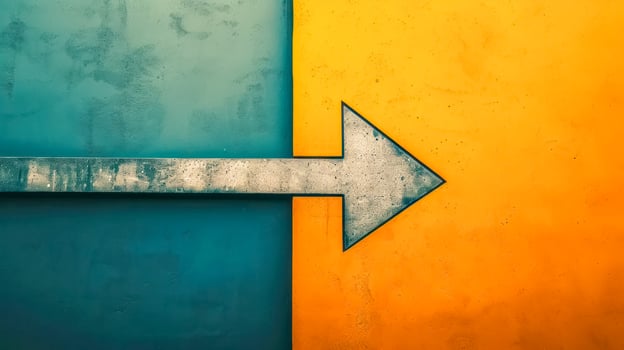 AI Generated bold, metallic arrow pointing right, set against a two-toned background with teal on the left and orange on the right, symbolizing direction, decision-making, and contrast. photo