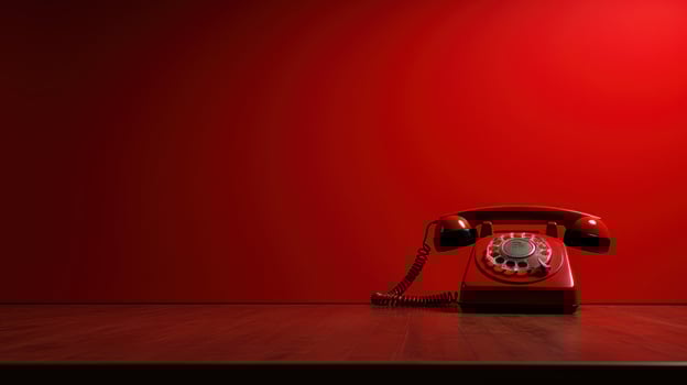 AI generated Retro Red Rotary Telephone on Wooden Surface photo