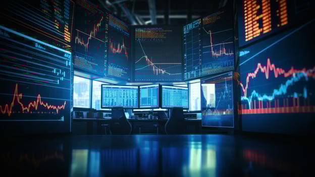 AI generated Modern Stock Market Trading Floor with Multiple Screens photo