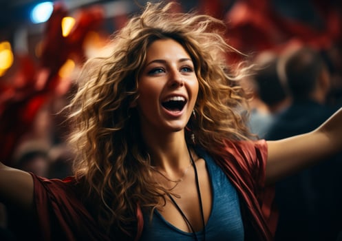 AI generated Female fan in stadium holding up arms in a sports bar. A woman joyfully celebrates as she raises her arms in the air, expressing elation and triumph. photo