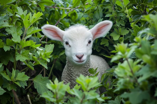 AI generated Lamb Peeking Out From Bushes photo