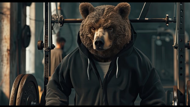 AI generated a bear with fur and brown eyes dons a black hoodie and grey shorts, showcasing strength and determination while lifting heavy weights in the gym, enveloped in an atmosphere of motivation. photo