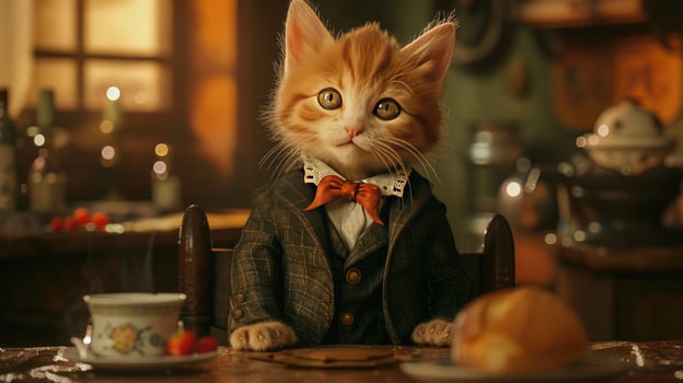 AI Generated an animated kitten exuding sophistication in its attire, portrayed in hyper-realistic detail photo