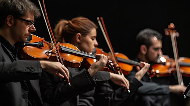 AI Generated a violin accompanied by its bow and sheet music, elegantly poised on a black background, with clean lines and natural shadows enhancing its ultra-detailed craftsmanship. photo
