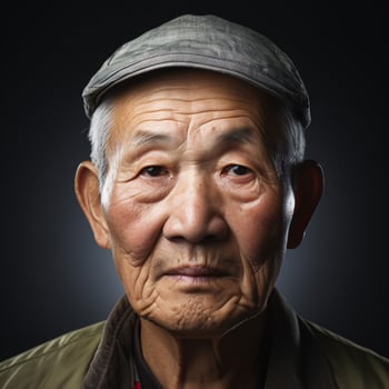 AI generated An aged Asian chap mulls and gazes into the lens in a studio up-close. photo