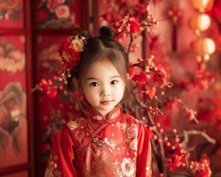 AI generated Chinese New Year photo shoots with a girl and China background, celebrate traditions and festivities of the New Year For decorating cover advertising