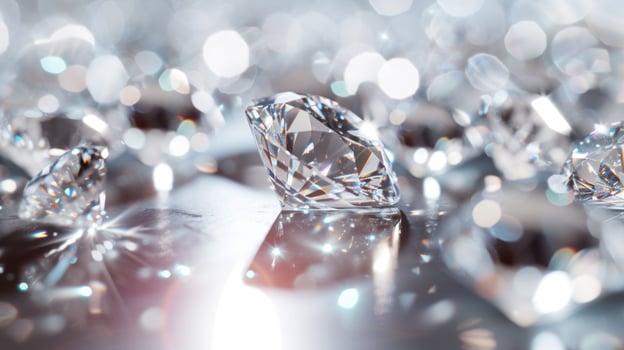 AI generated Brilliant cut diamonds sparkle intensely, scattered on a reflective surface with a soft focus on the background, highlighting the gem's exquisite facets and clarity photo