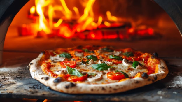 AI generated Pizza in the traditional wood oven with fire burning photo