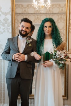 meeting of the bride and groom in the hotel photo
