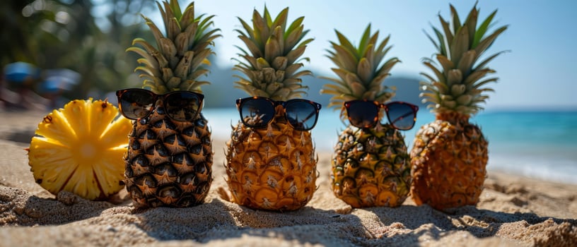 AI generated A quirky of pineapples wearing sunglasses on a sunny beach photo