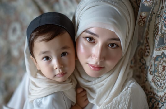 AI generated A muslim mother and her little boy posing for a photo, muslim family moments image photo