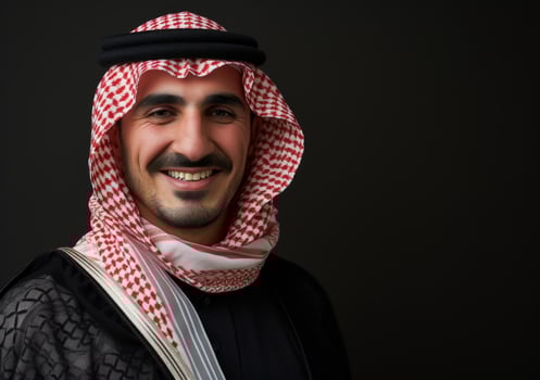 AI generated An arab man smiling against a black background, islamic traditional clothing picture photo