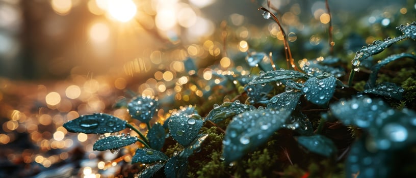 AI generated A close-up of rain-drenched leaves glistening in the dawn light photo