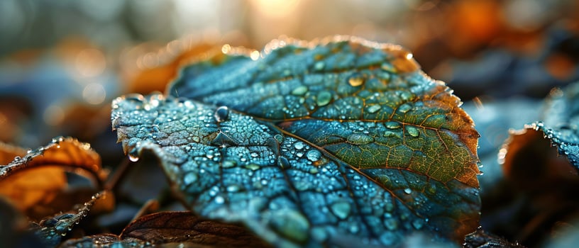 AI generated Lush green leaves glistening with morning dew drops against a backdrop of soft sunlight and bokeh photo