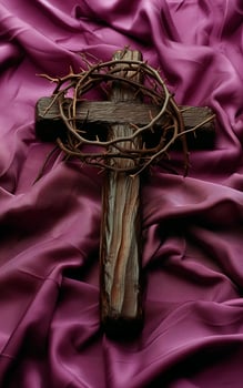AI generated Wood cross and a crown of thorns over soft purple fabric for easter. Catholicism symbol. photo