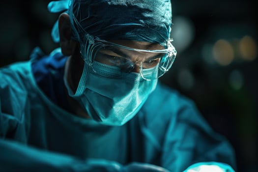 AI generated An experienced surgeon in blue scrubs and safety glasses intently prepares for a medical operation in a well-equipped operating room. Doctor man health in Operating room concept. photo