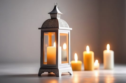 AI generated Laylat al-Qadr, Eid al-Fitr, holy month of Ramadan, Arab lantern fanus, candles, light gray background, pastel shades photo