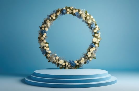 AI generated an empty round blue podium, a round arch of fresh flowers, a platform for displaying cosmetics and perfumes, a template for a stage for advertising, a blue background photo