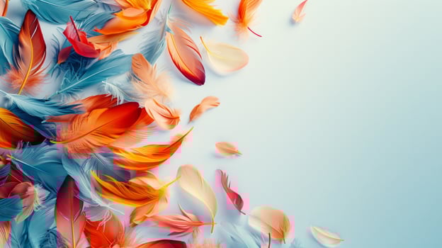 AI generated Minimalist backdrop adorned with a delicate array of multicolored feathers photo