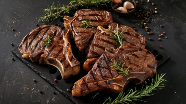 AI generated beef T-bone steaks grilling over hot BBQ coals, featuring porterhouse steak or T-bone steak varieties,ideal for restaurant menus or cookbook recipes photo