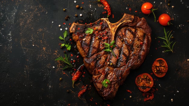 AI generated beef T-bone steaks grilling over hot BBQ coals, featuring porterhouse steak or T-bone steak varieties,ideal for restaurant menus or cookbook recipes photo
