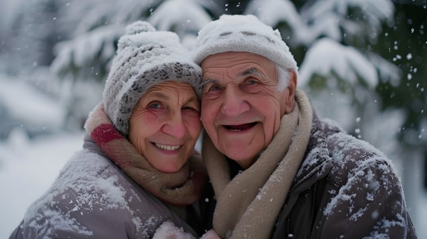 AI generated Portrait of a happy elderly white couple in the midst of heavy snowfall, generative AI, background image photo