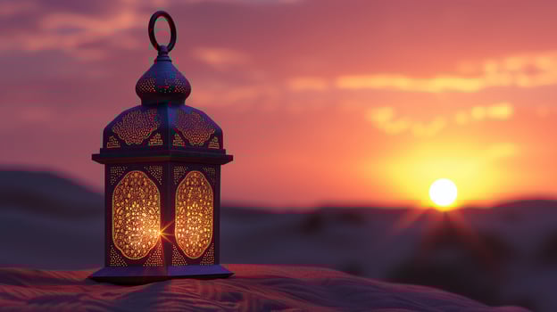 AI generated A lantern that lights up at sunset. Ramadan Kareem background photo