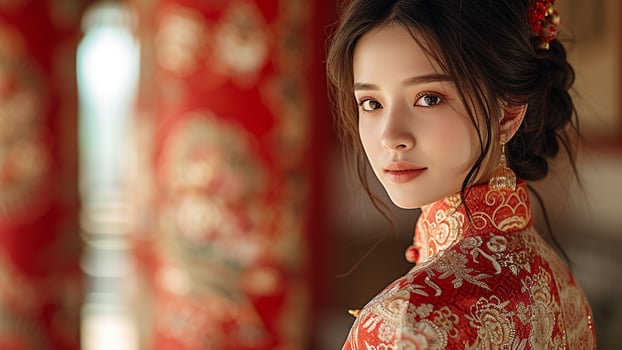 AI generated Elegant Fusion Asian Woman in Opulent Traditional Attire photo