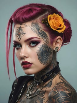 AI generated Portrait of beautiful cyber punk young tattooed woman, futuristic fashion concept photo