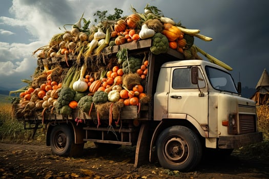 AI generated Old truck with an autumn harvest of vegetables and herbs on a plantation - a harvest festival, a roadside market selling natural eco-friendly farm products. AI generated photo