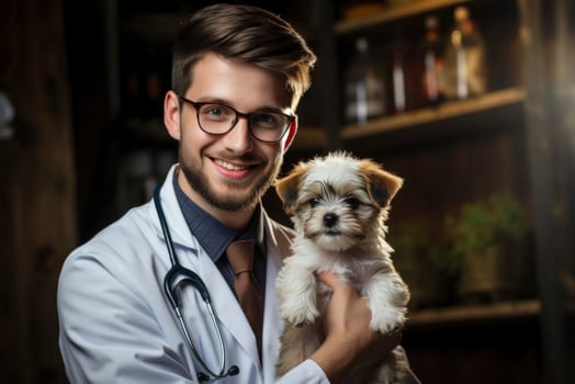 AI generated a man in a white coat holding a small dog photo