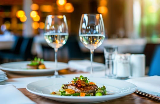 AI generated Dinner in expensive upscale restaurant with exquisite food and glasses of French wine photo