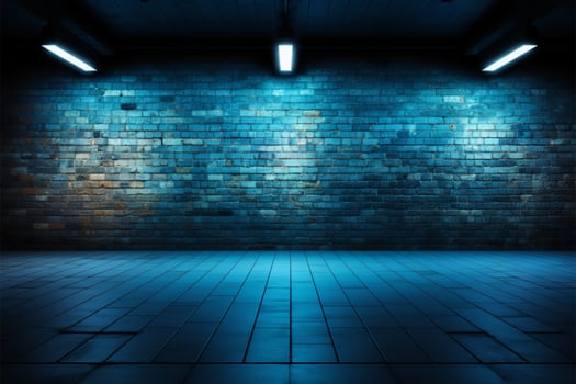 AI generated Minimalist ambiance Empty room with brick wall and blue spotlights photo