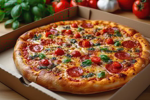 AI generated takeaway or delivery pizza box professional advertising food photography photo