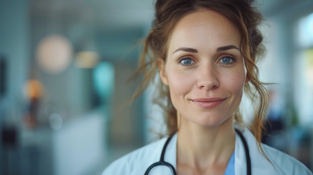 AI generated A close-up of a compassionate female doctor looking directly into camera, simulating eye contact with a patient during a video call. doctor's office is subtly blurred in the background photo