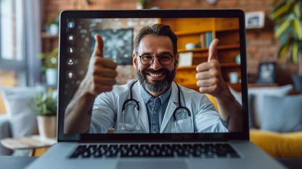 AI generated laptop screen during a video call. The doctor's hands are seen giving a thumbs-up to the patient, conveying good news about test results or treatment progress. photo