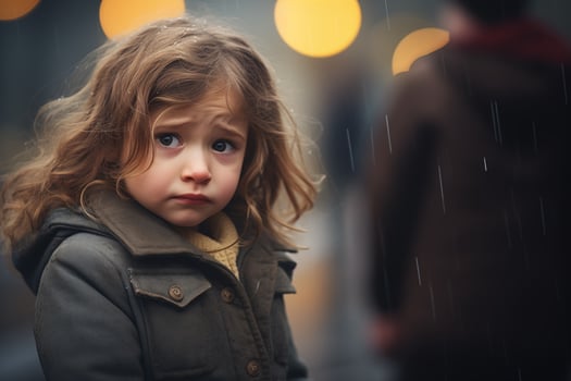 AI generated A sad and crying little girl on the blurred background. photo