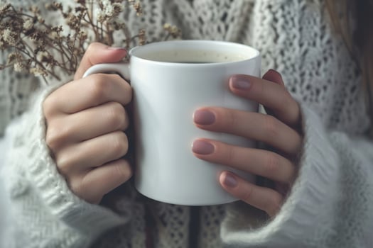 AI generated Female hands with a mug of beverage. Young woman holding cup of tea or coffee in the morning sunlight. Generative AI photo