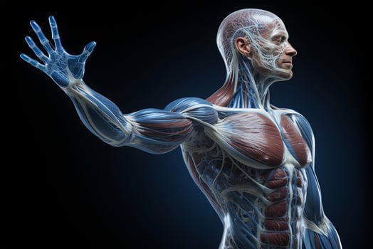 AI generated Highly detailed visualization of the human muscular and circulatory systems in a male figure photo