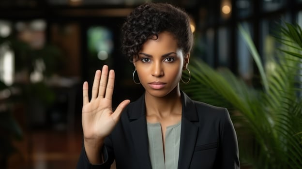 Businesswoman rejecting an offer or idea at work photo