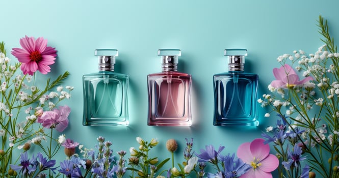 AI generated 3 bottles of perfume on a blue background photo