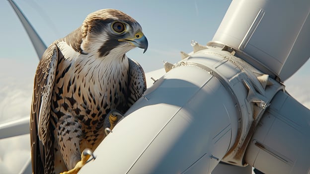 AI generated a majestic falcon soaring gracefully between the towering blades of a wind turbine, showcasing the intricate balance between wildlife and renewable energy. photo