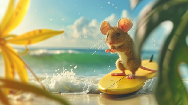 AI generated A cute mouse surfer enjoys a fun-filled summer day at the beach, riding waves with enthusiasm, Ai Generated. photo