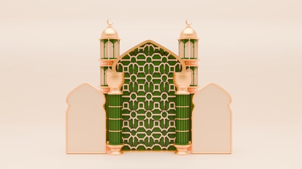 3D Render Ramadan Background with mosque, pillar and islamic ornaments photo