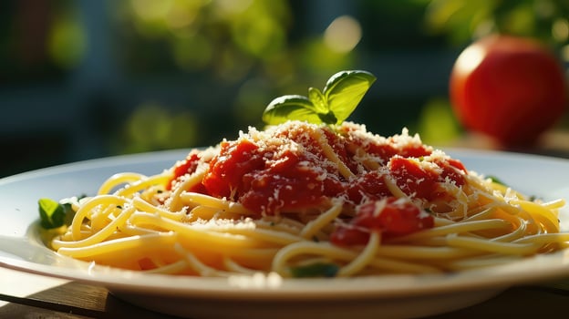AI generated Spaghetti with tomato sauce and parmesan cheese on white plate photo