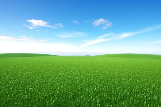 AI generated Landscape view of green grass on slope with blue sky and clouds background photo