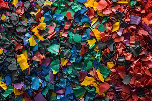 AI generated Dyed synthetic polymer resins granulates. Recycled plastic granules with mixed colors photo