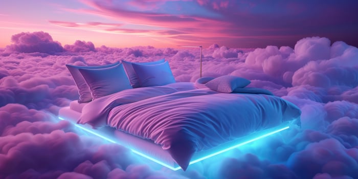AI generated A Comfortable Bed Floating in the Clouds, Illuminated with Light Blue and Purple Neon Tints photo