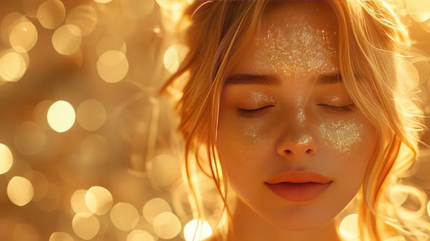 AI generated Fictional Blond Japanese Woman in a Gold Glittering Dress Against a Golden Glitter Background, Closed-Eyed Girl with Luxurious Blond Hair, Ideal for Advertising Product Design. photo